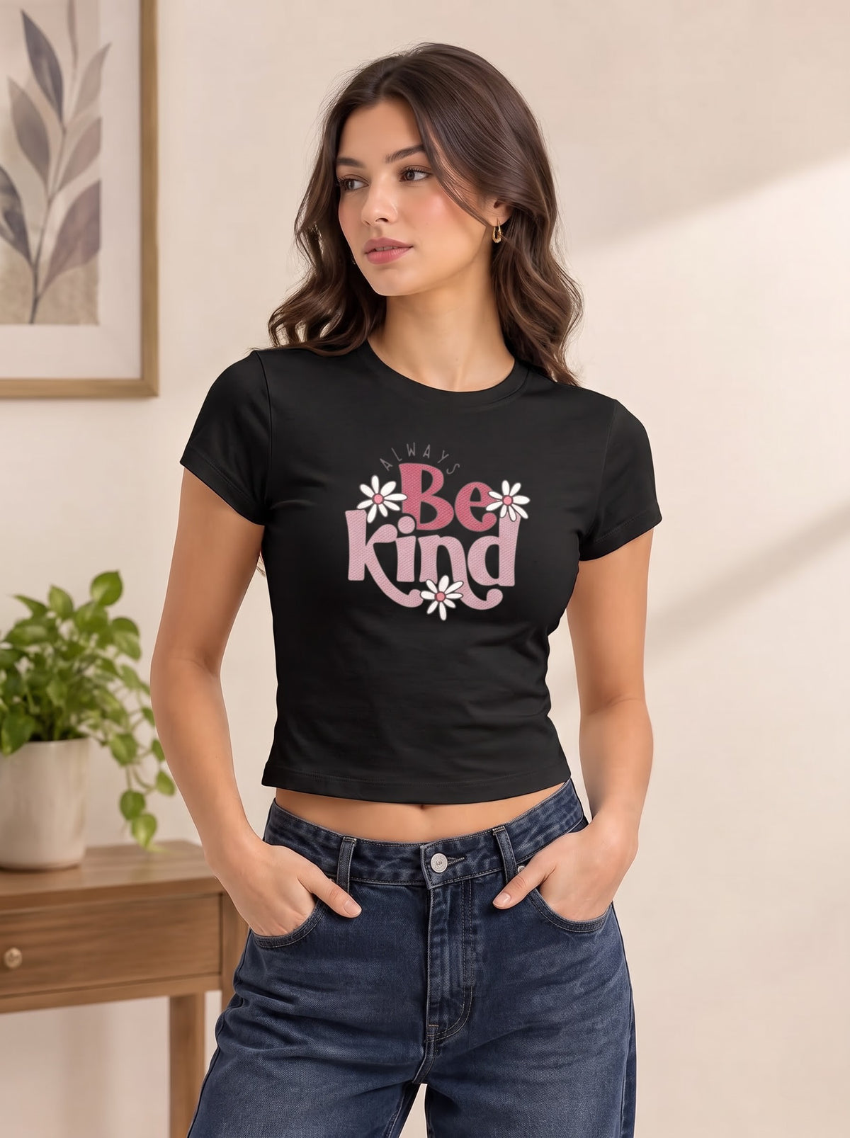 "Be Kind" Daisy Print Black Crop Tee