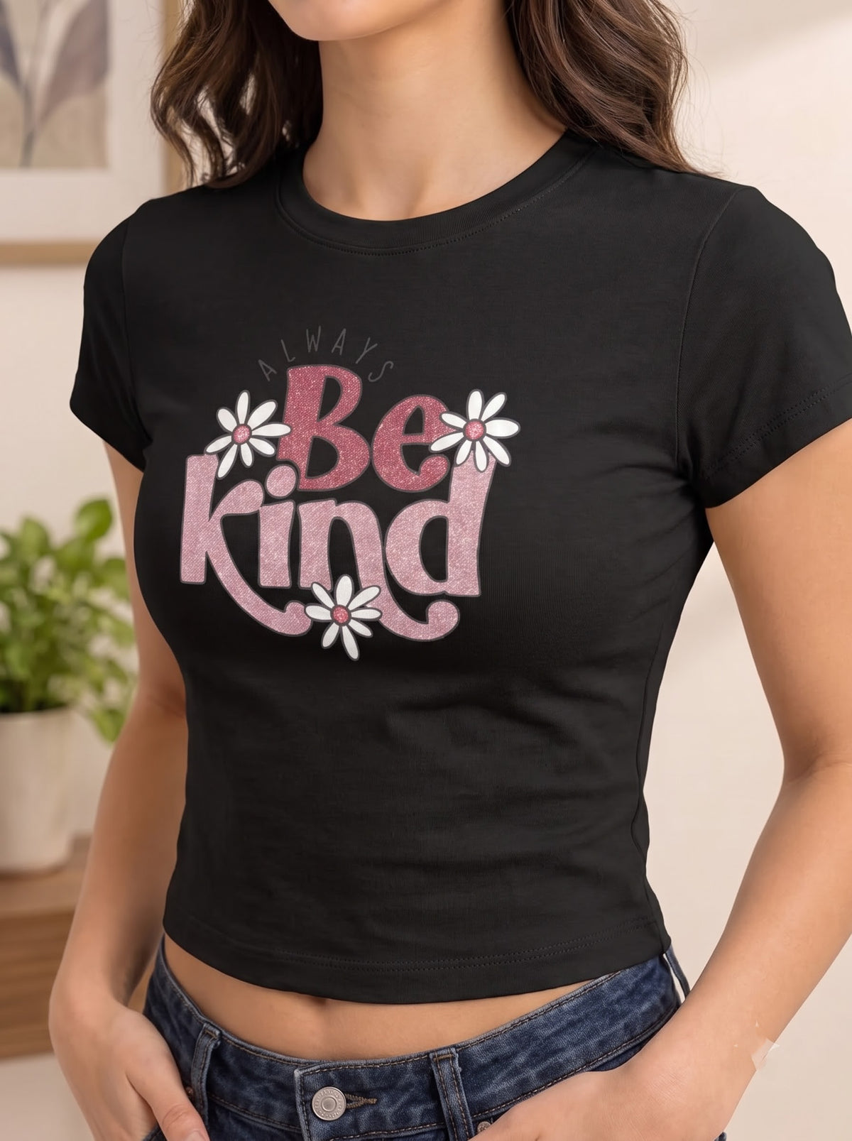 "Be Kind" Daisy Print Black Crop Tee
