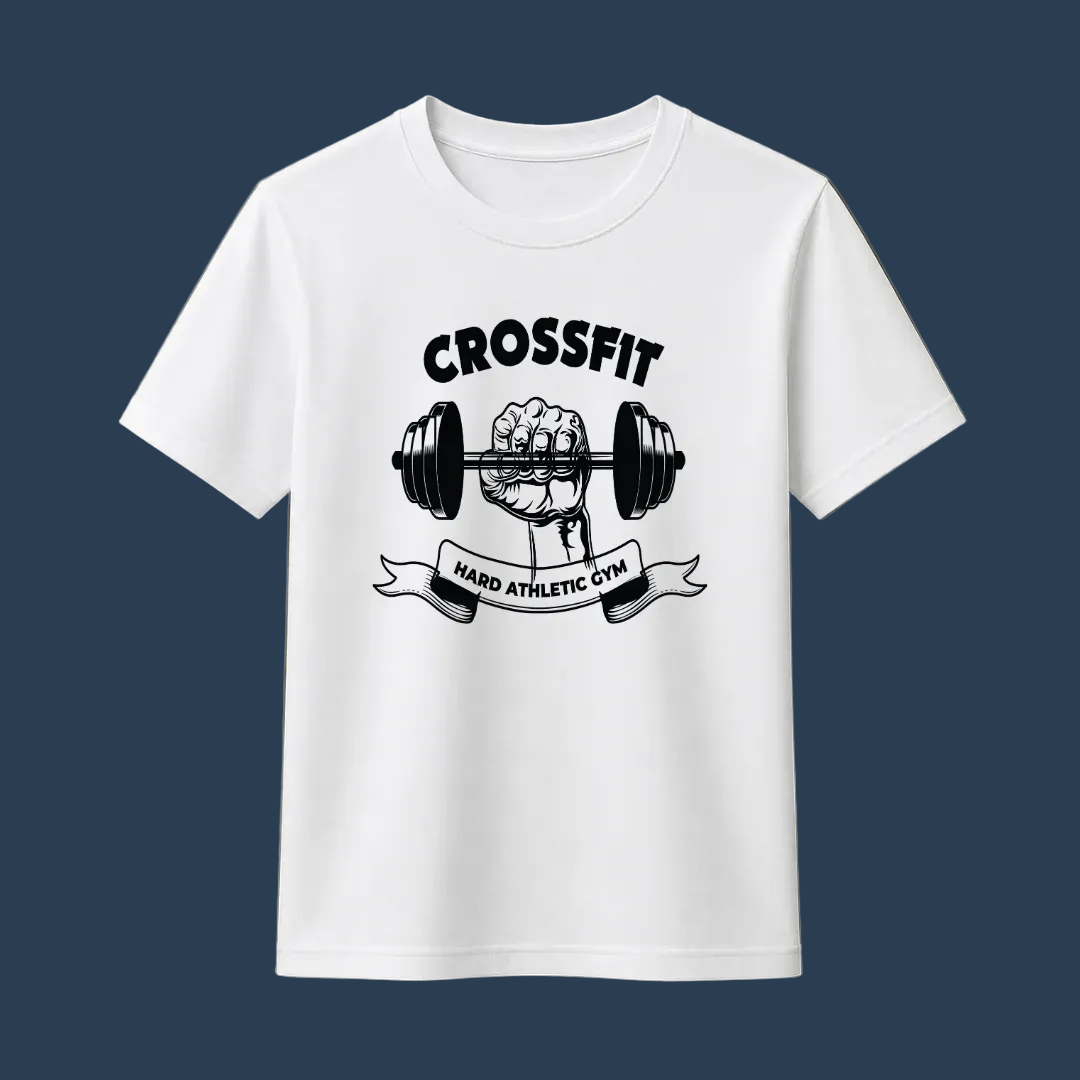 A white short-sleeve crewneck t-shirt with a black graphic print of a hand holding a barbell under the word 'CROSSFIT' and above a banner reading 'HARD ATHLETIC GYM'. The shirt is displayed flat against a solid olive green background.