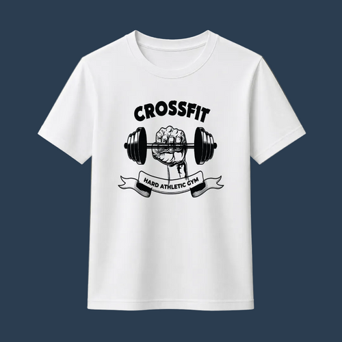 A white short-sleeve crewneck t-shirt with a black graphic print of a hand holding a barbell under the word 'CROSSFIT' and above a banner reading 'HARD ATHLETIC GYM'. The shirt is displayed flat against a solid olive green background.